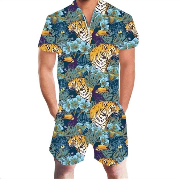 Tunevuse Men's Tropical Tigers And Toucans Button Down Shirt And Shorts Size S - Picture 15 of 15